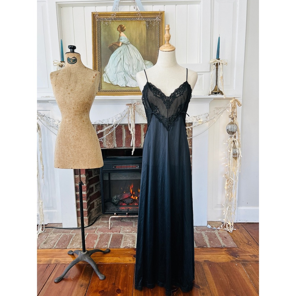 Vintage Black Lace Nightgown Sheer Maxi Slip Romantic‎ Lingerie Coquette Y2K